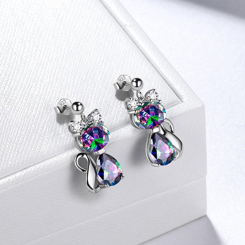 Cat Mystic Rainbow Topaz Earrings Sterling Silver - Earrings - Aurora Tears