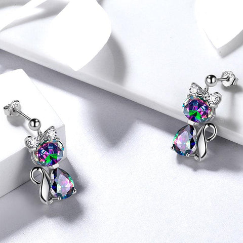 Cat Mystic Rainbow Topaz Earrings Sterling Silver - Earrings - Aurora Tears