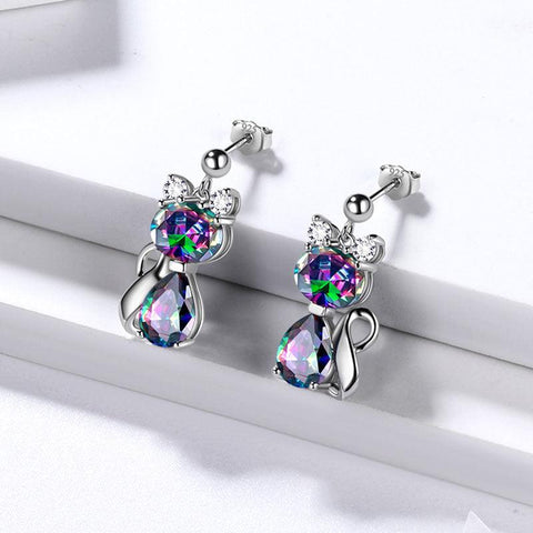 Cat Mystic Rainbow Topaz Earrings Sterling Silver - Earrings - Aurora Tears