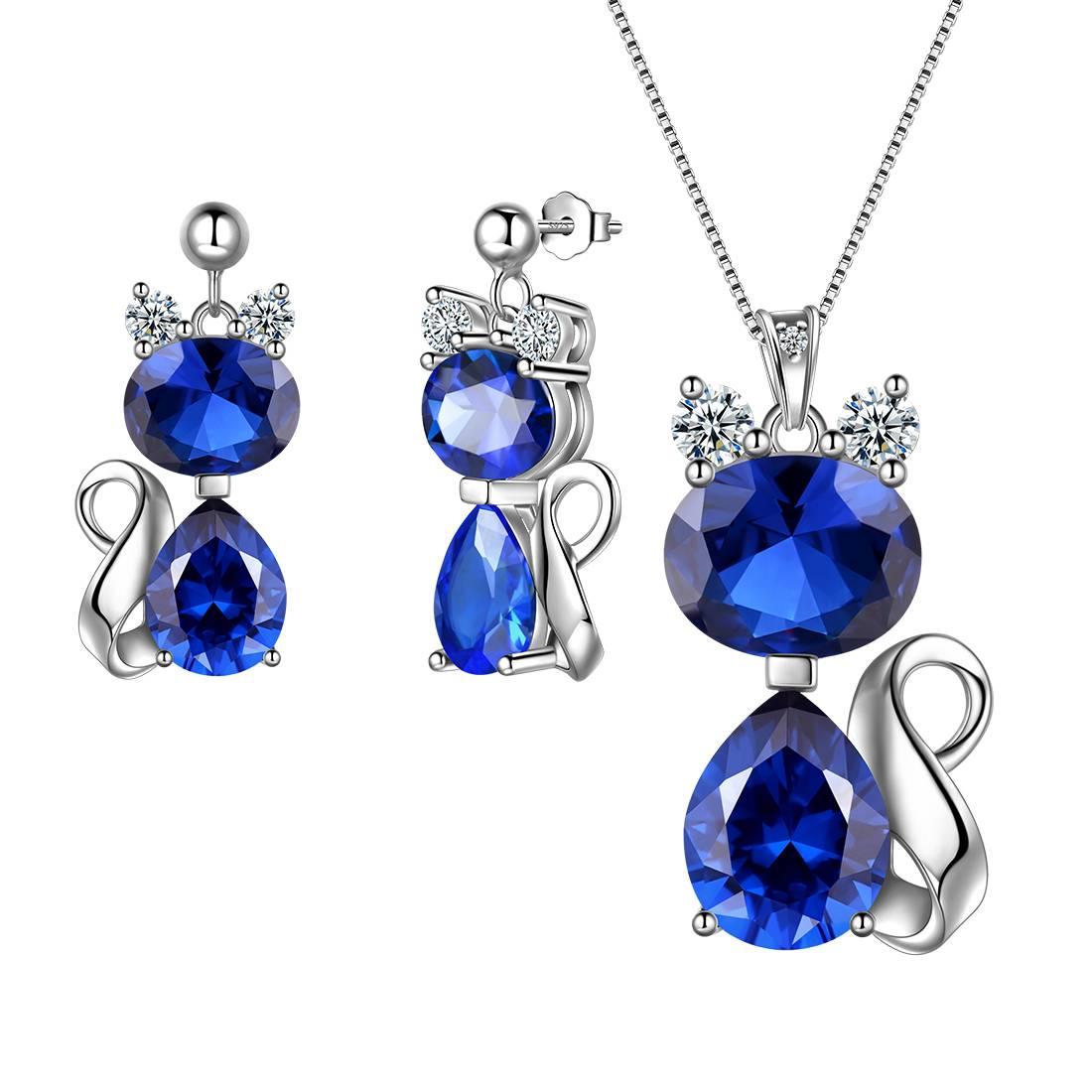 Cats Necklace Earrings Jewelry Blue September Birthstone - Jewelry Set - Aurora Tears Jewelry