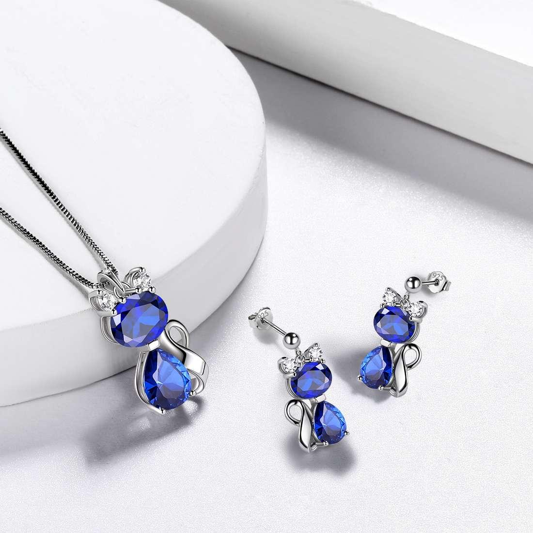 Cats Necklace Earrings Jewelry Blue September Birthstone - Jewelry Set - Aurora Tears Jewelry