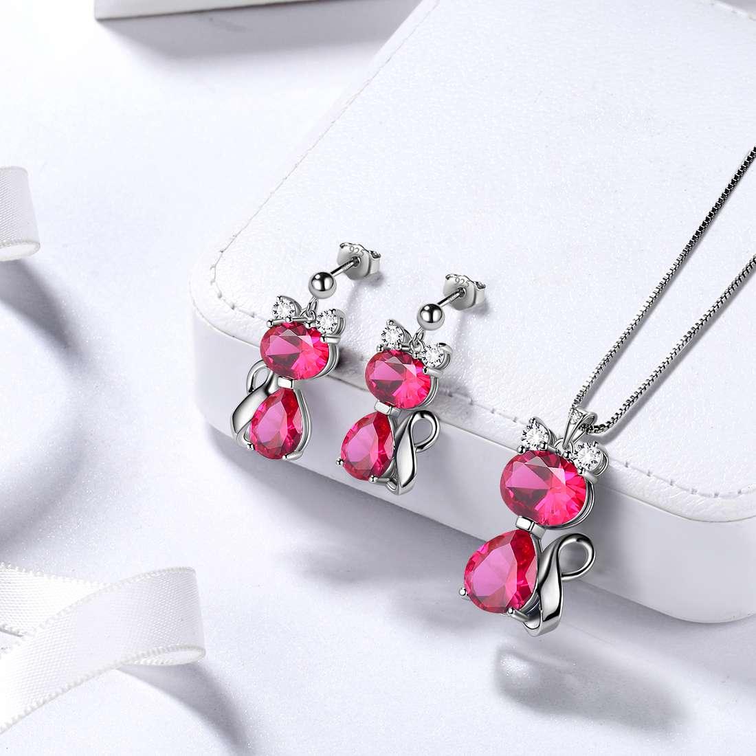 Cats Necklace Earrings Jewelry July Ruby Birthstone - Jewelry Set - Aurora Tears Jewelry