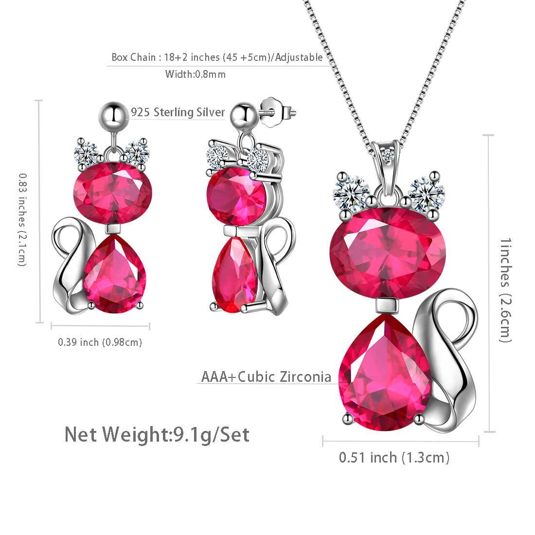 Cats Necklace Earrings Jewelry July Ruby Birthstone - Jewelry Set - Aurora Tears Jewelry