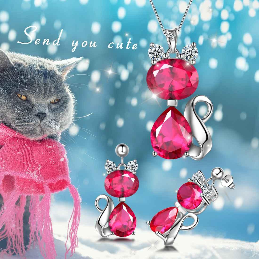 Cats Necklace Earrings Jewelry July Ruby Birthstone - Jewelry Set - Aurora Tears Jewelry