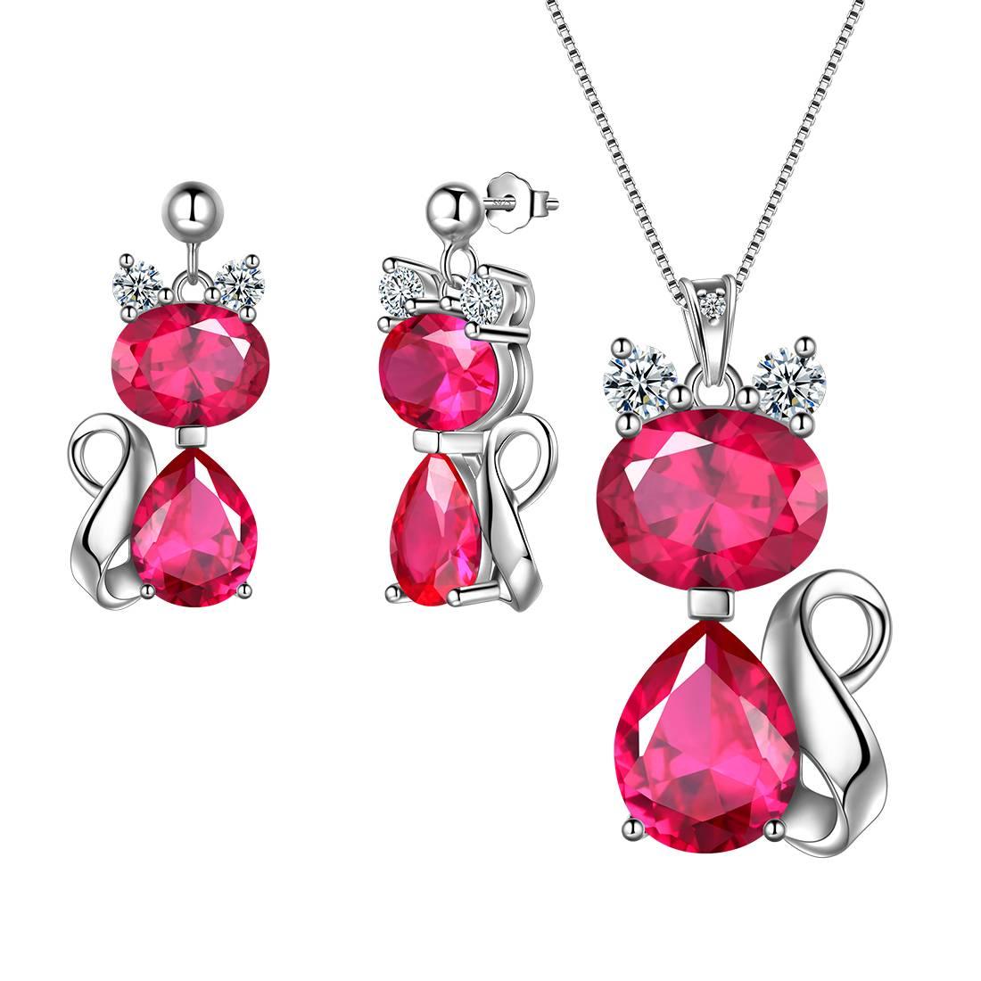 Cats Necklace Earrings Jewelry July Ruby Birthstone - Jewelry Set - Aurora Tears Jewelry