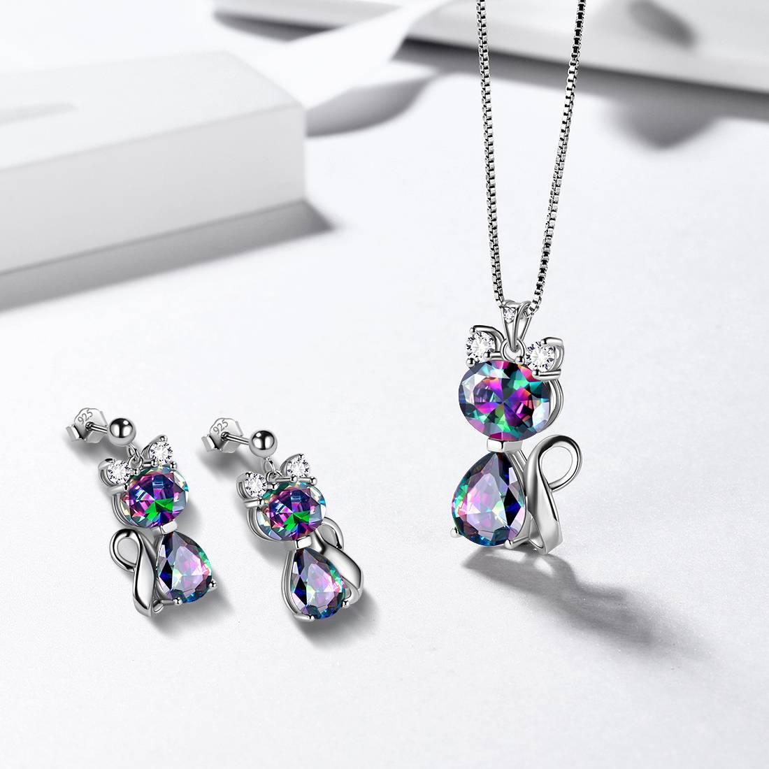 Cat Mystic Rainbow Topaz Necklace Sterling Silver - Necklaces - Aurora Tears