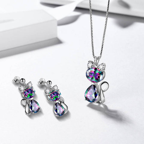 Cats Necklace Earrings Jewelry Mystic Rainbow Topaz - Jewelry Set - Aurora Tears Jewelry