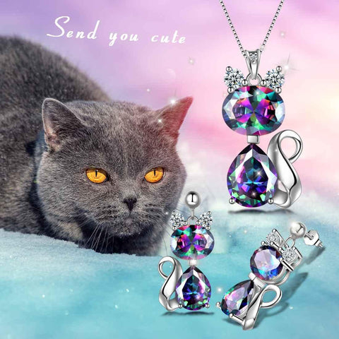 Cats Necklace Earrings Jewelry Mystic Rainbow Topaz - Jewelry Set - Aurora Tears Jewelry