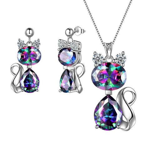 Cats Necklace Earrings Jewelry Mystic Rainbow Topaz - Jewelry Set - Aurora Tears Jewelry