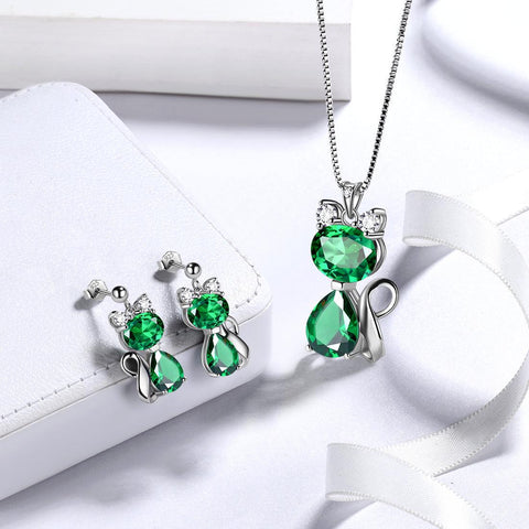 Cat Birthstone May Emerald Necklace Sterling Silver - Necklaces - Aurora Tears