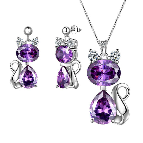 Cats Necklace Earrings Jewelry Purple February Birthstone - Jewelry Set - Aurora Tears Jewelry