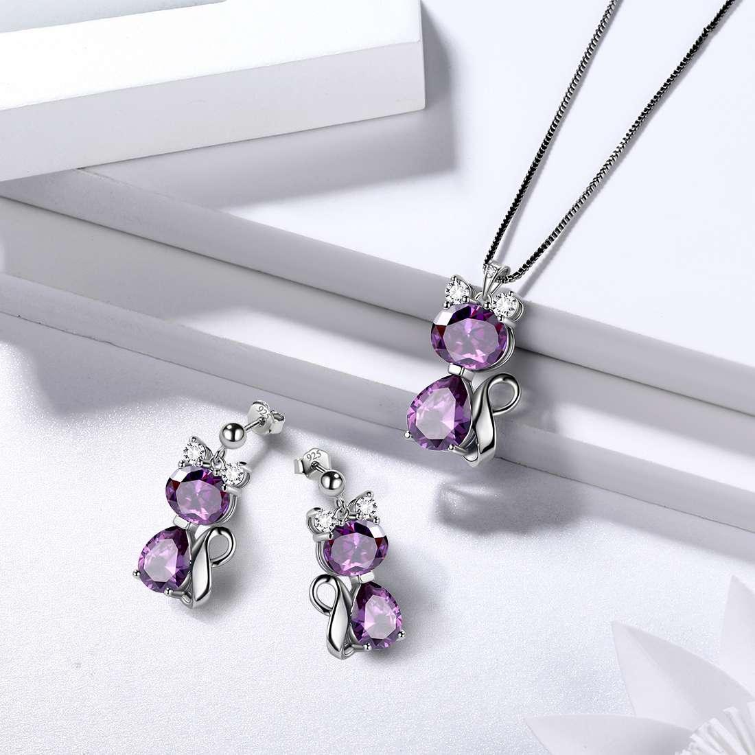 Cats Necklace Earrings Jewelry Purple February Birthstone - Jewelry Set - Aurora Tears Jewelry