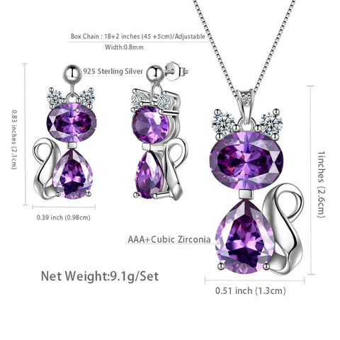 Cats Necklace Earrings Jewelry Purple February Birthstone - Jewelry Set - Aurora Tears Jewelry