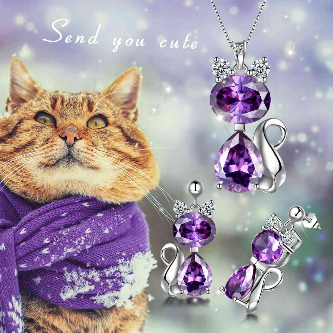 Cats Necklace Earrings Jewelry Purple February Birthstone - Jewelry Set - Aurora Tears Jewelry