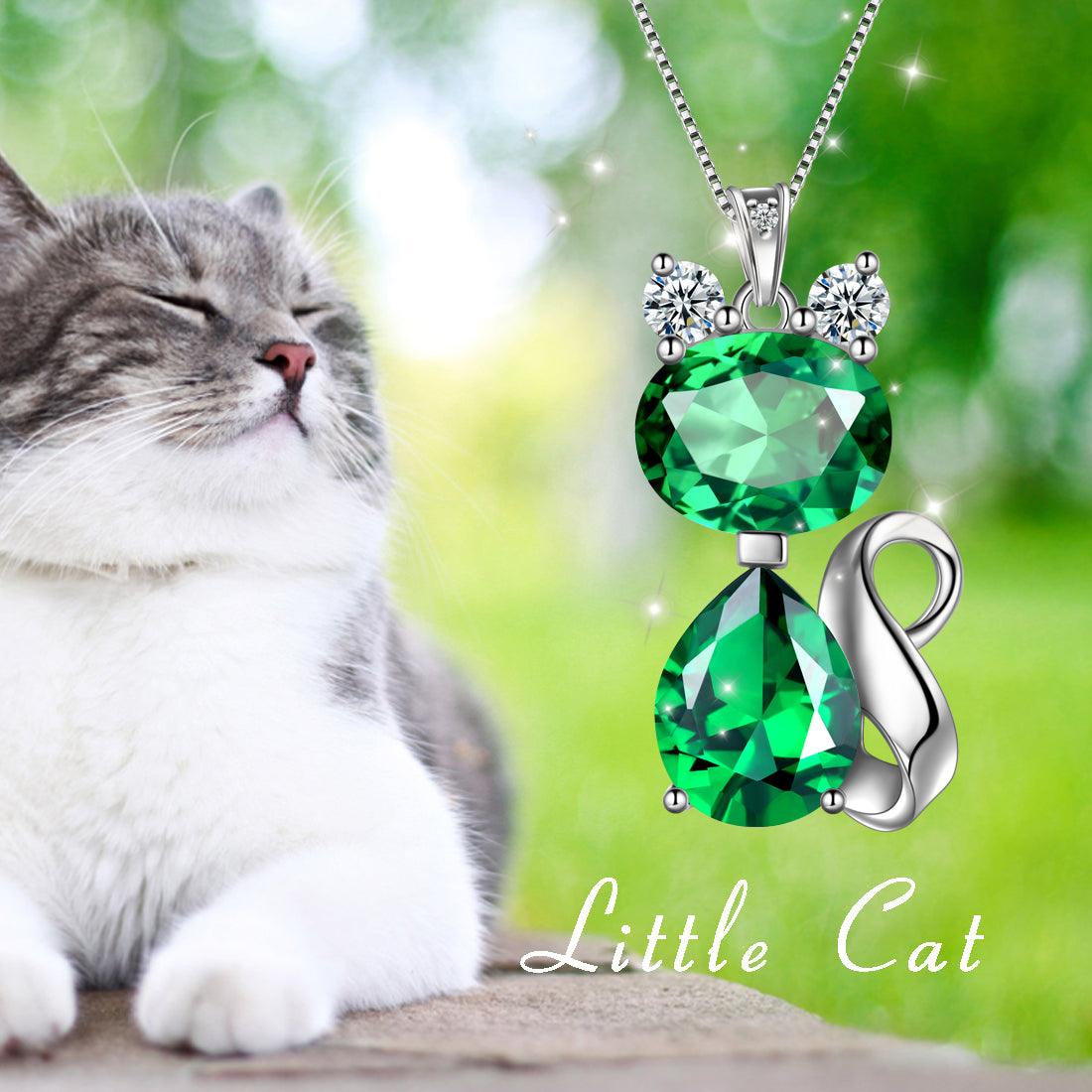 Cat Birthstone May Emerald Necklace Sterling Silver - Necklaces - Aurora Tears