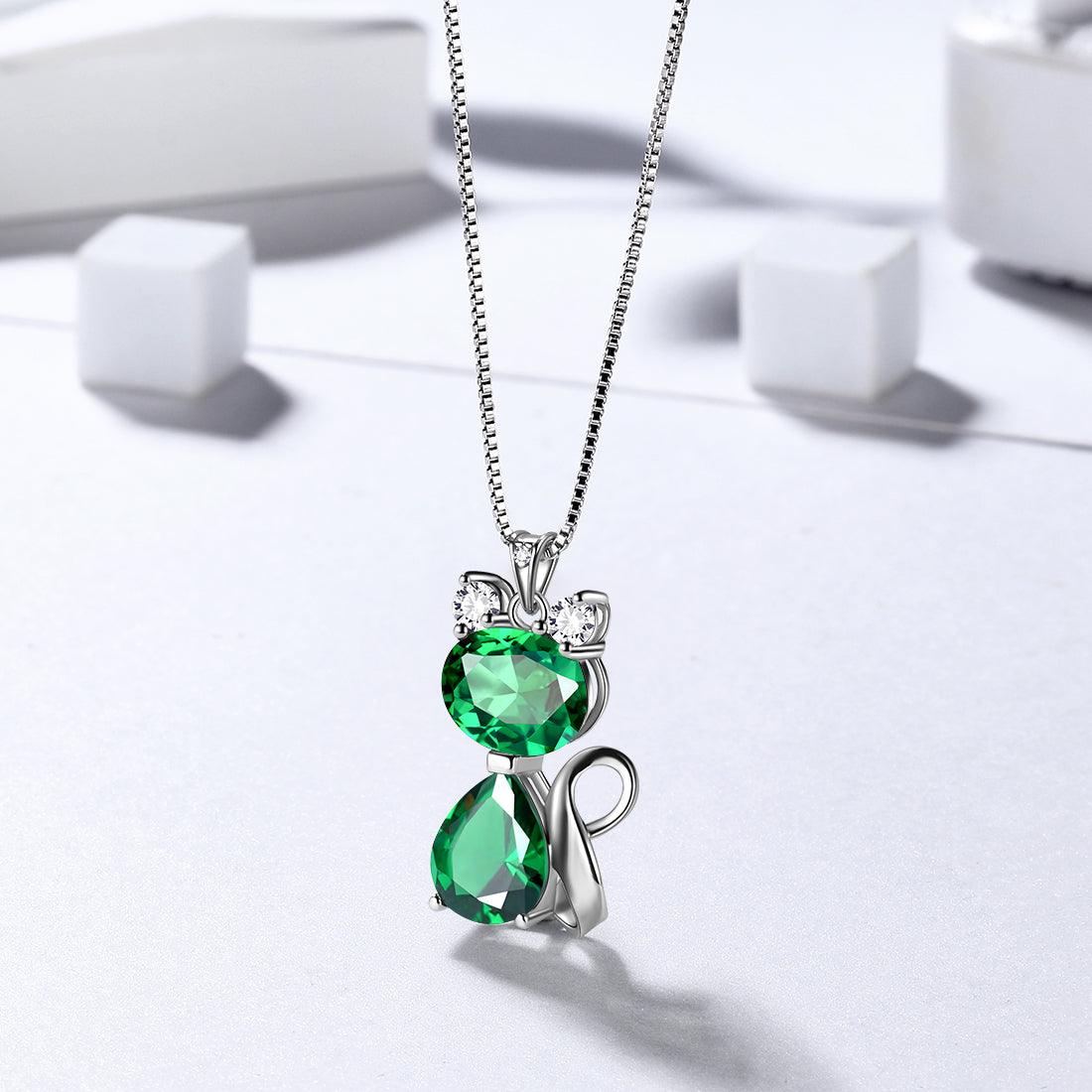 Cat Birthstone May Emerald Necklace Sterling Silver - Necklaces - Aurora Tears