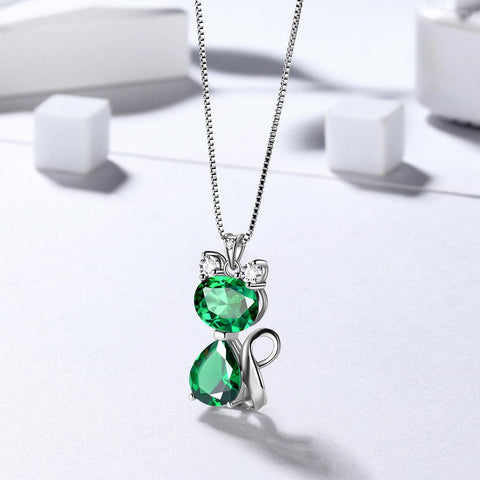 Cat Birthstone May Emerald Necklace Sterling Silver - Necklaces - Aurora Tears