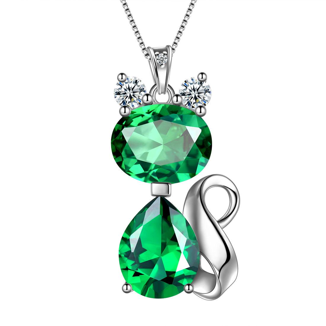 Cat Birthstone May Emerald Necklace Sterling Silver - Necklaces - Aurora Tears