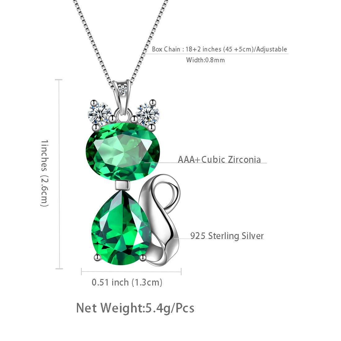 Cat Birthstone May Emerald Necklace Sterling Silver - Necklaces - Aurora Tears