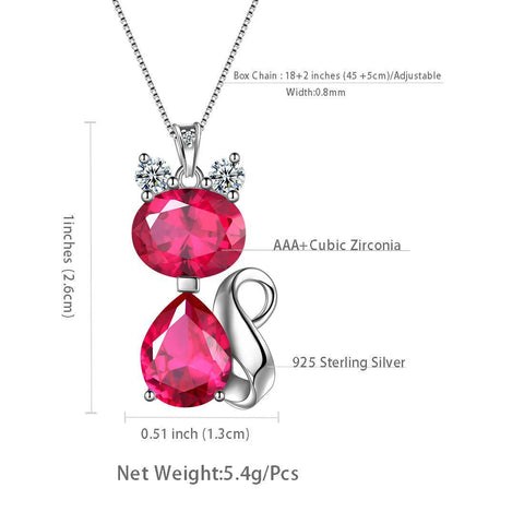 Cat Birthstone July Ruby Necklace Sterling Silver - Necklaces - Aurora Tears