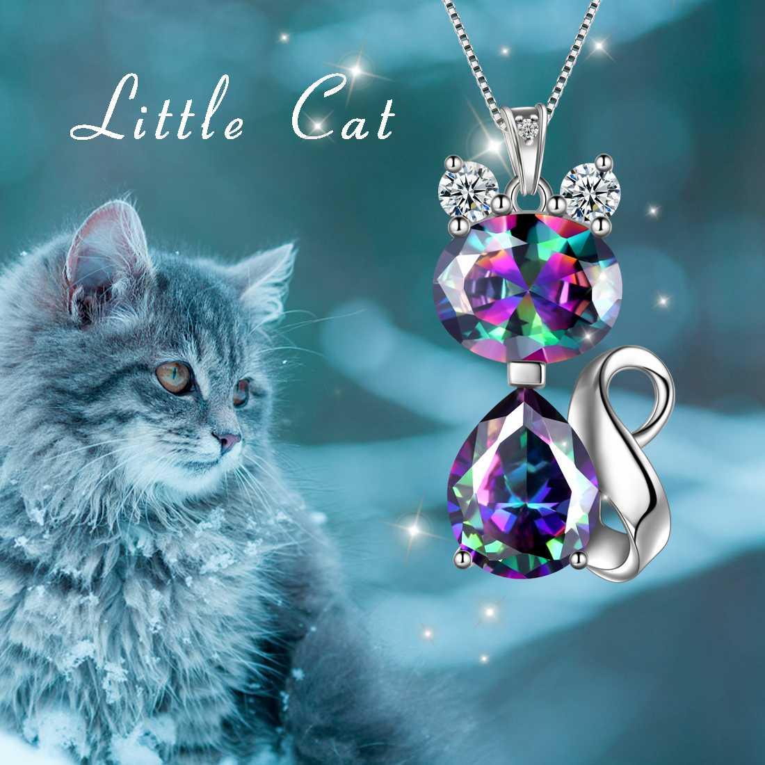 Cat Mystic Rainbow Topaz Necklace Sterling Silver - Necklaces - Aurora Tears