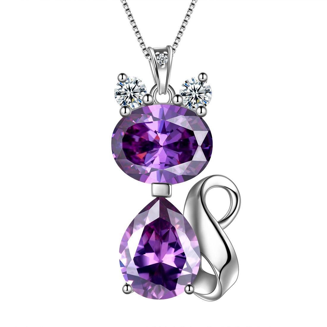 Cat Birthstone February Amethyst Necklace Sterling Silver - Necklaces - Aurora Tears