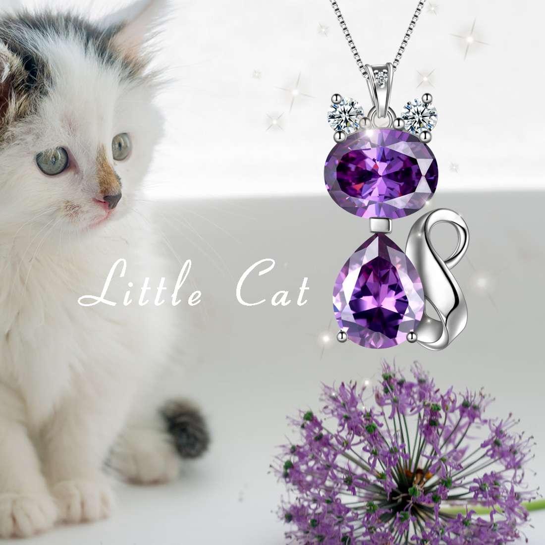 Cat Birthstone February Amethyst Necklace Sterling Silver - Necklaces - Aurora Tears