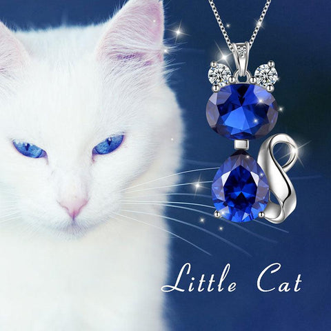 Cat Birthstone September Sapphire Necklace Sterling Silver - Necklaces - Aurora Tears