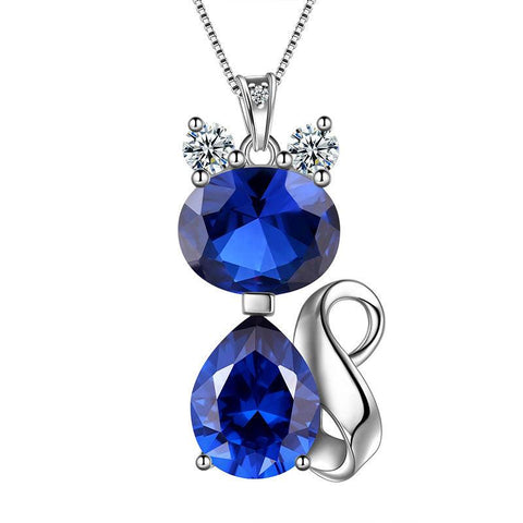 Cat Birthstone September Sapphire Necklace Sterling Silver - Necklaces - Aurora Tears
