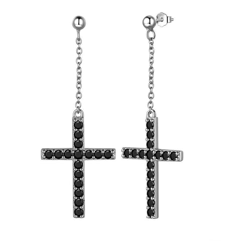 Classic Cross Dangle Earrings Sterling Silver-Black-2-Aurora Tears Jewelry