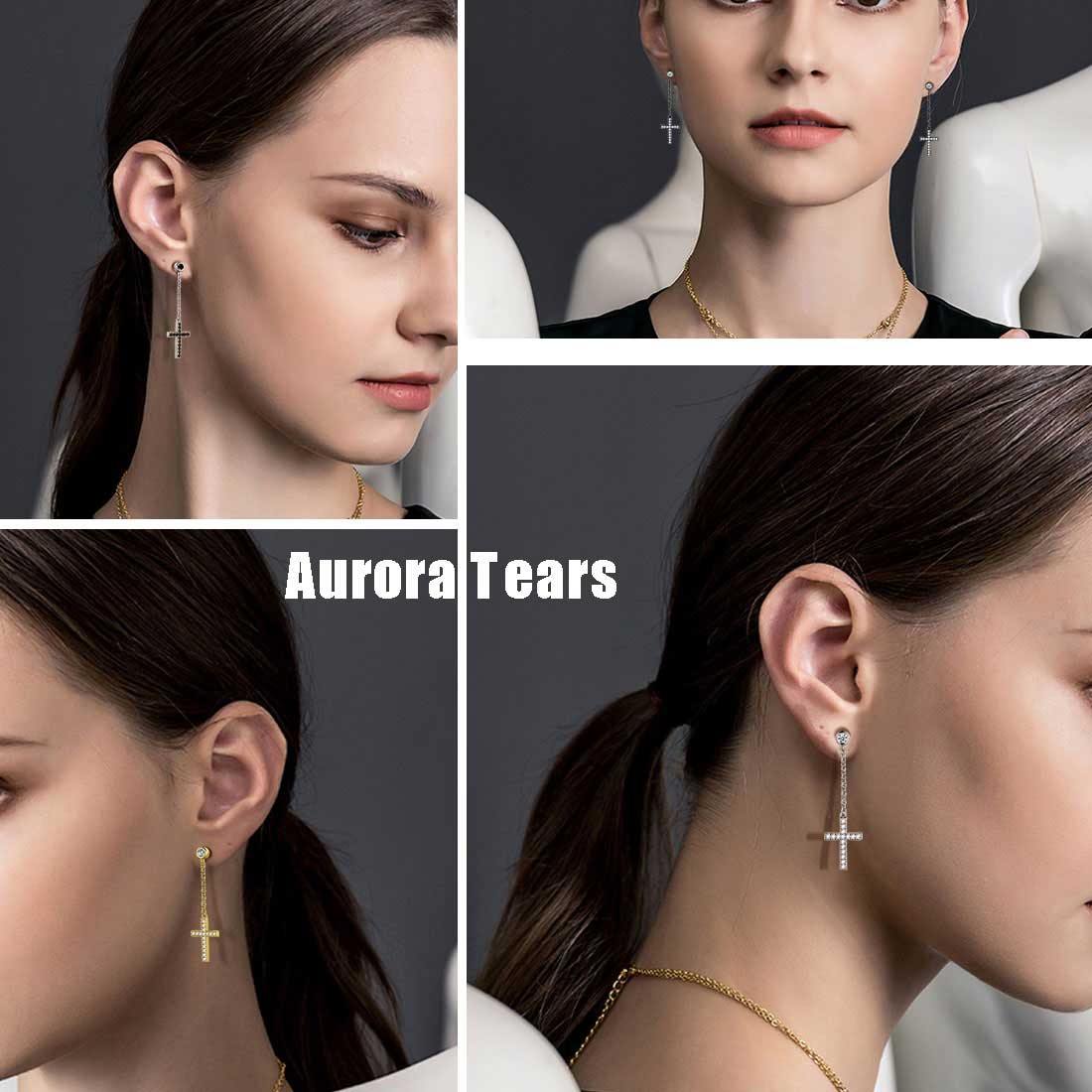Classic Small Cross Dangle Earrings Sterling Silver-Aurora Tears Jewelry