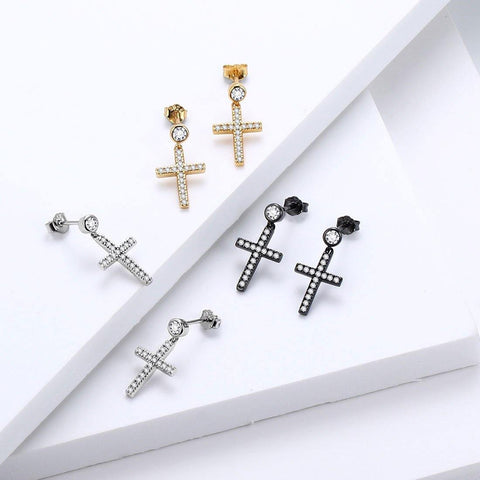 Classic Small Cross Drop Earrings Sterling Silver-Aurora Tears Jewelry