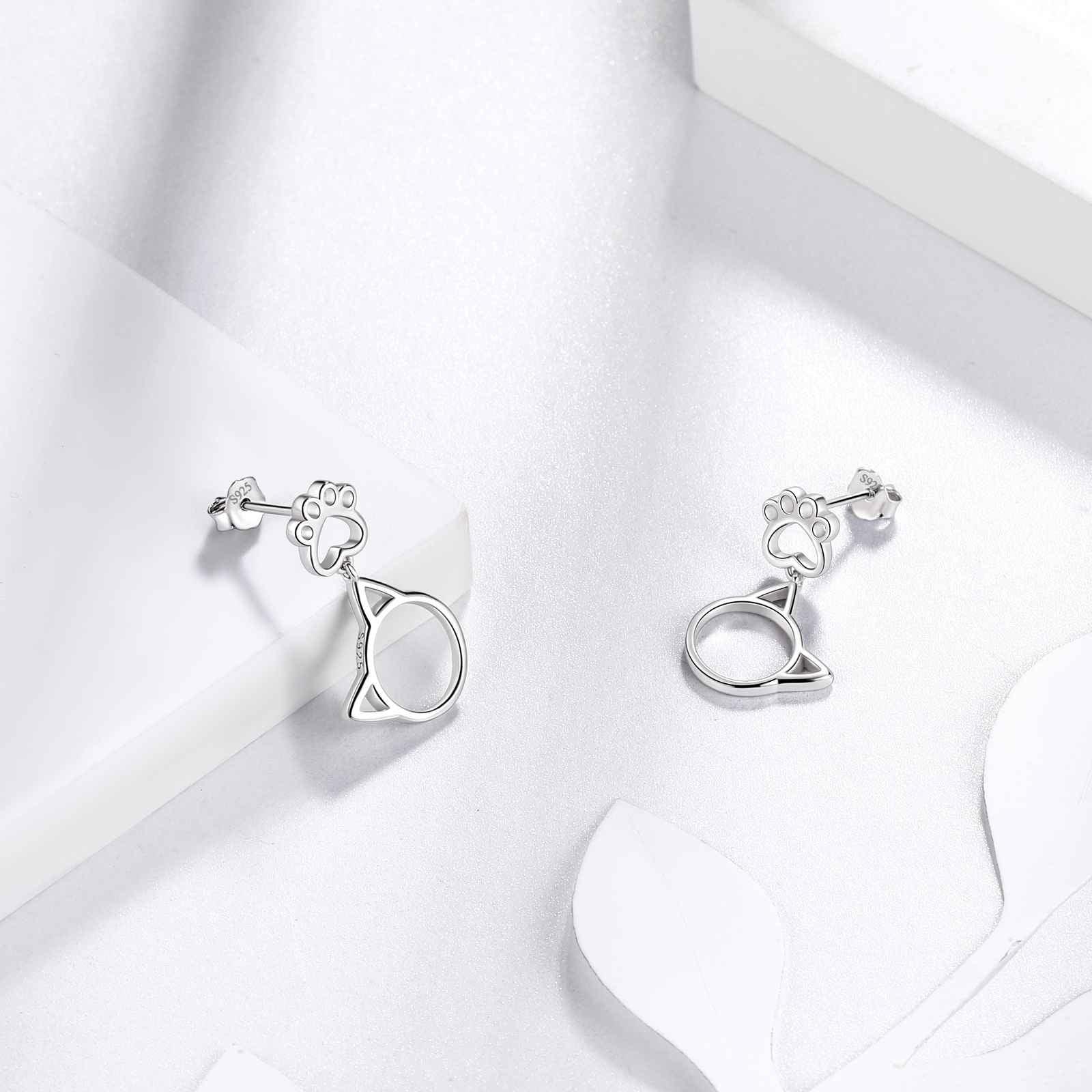 Cute Animal Cat Face Paw Earrings 925 Sterling Silver - Earrings - Aurora Tears