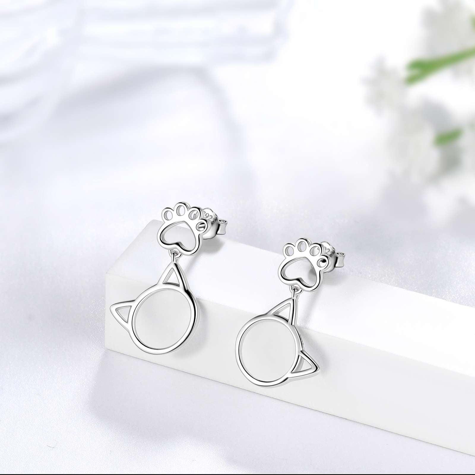 Cute Animal Cat Face Paw Earrings 925 Sterling Silver - Earrings - Aurora Tears