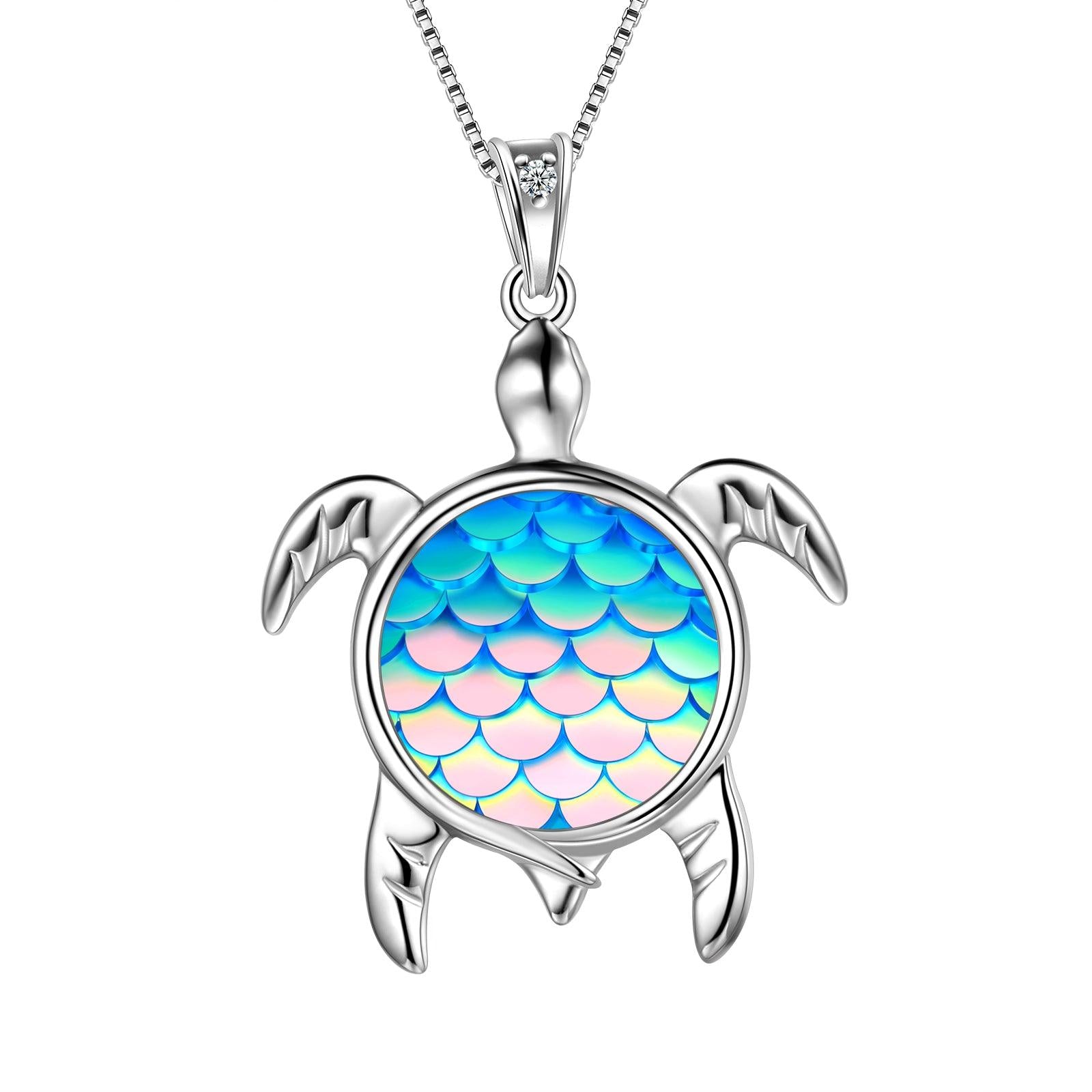Turtle Pendant Charm Necklace Gradient Colorful Light Blue - Necklaces - Aurora Tears