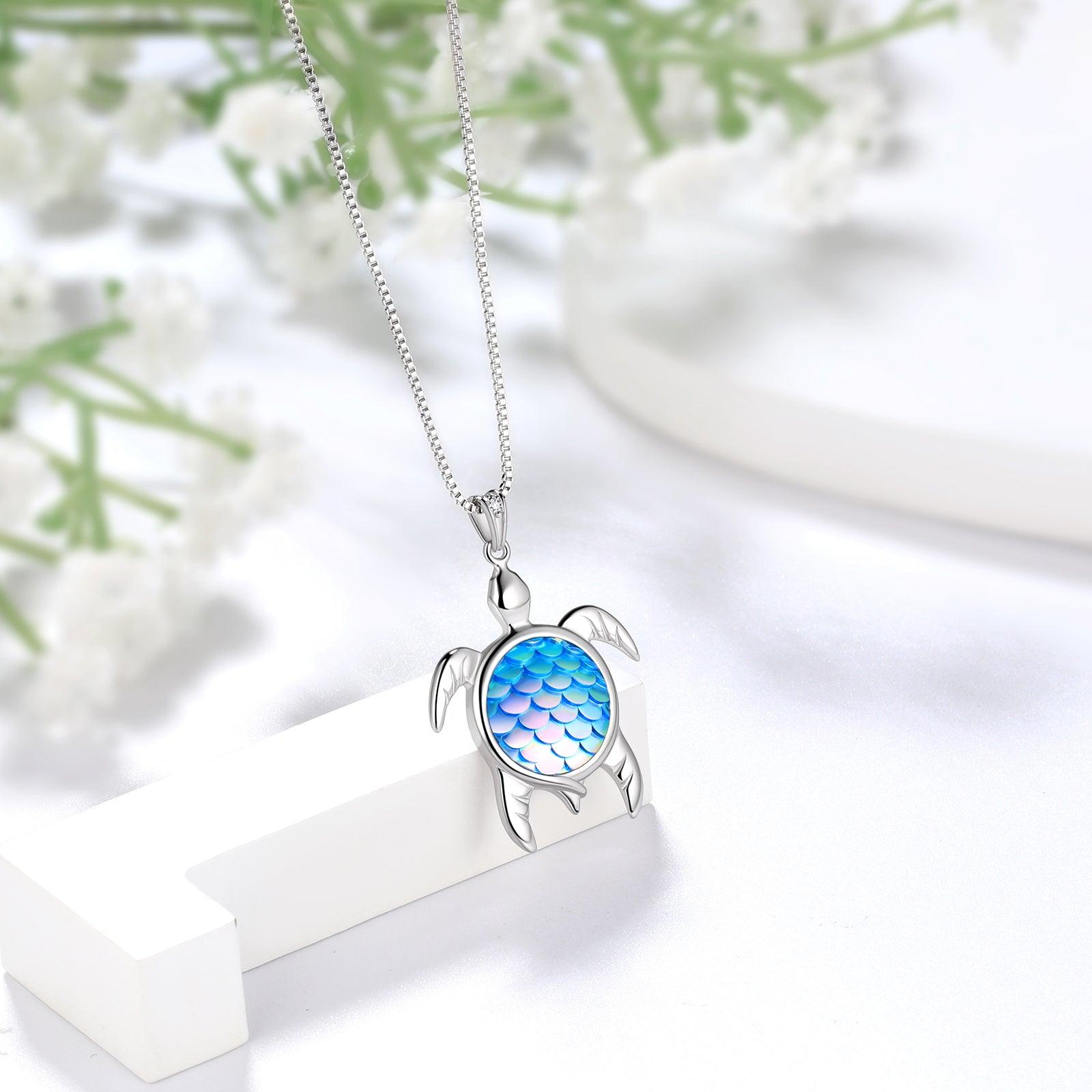 Turtle Pendant Charm Necklace Gradient Colorful Light Blue - Necklaces - Aurora Tears