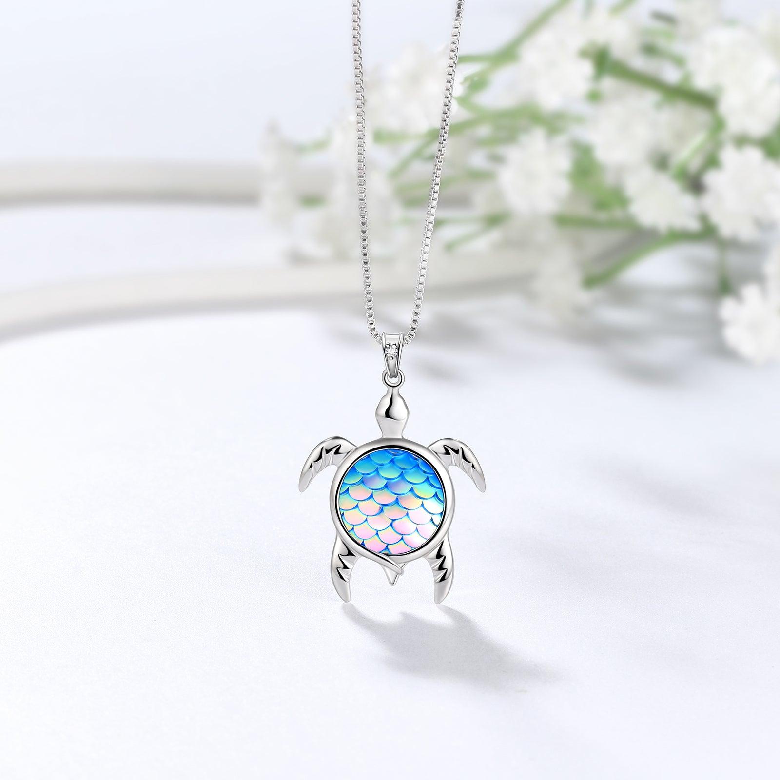 Turtle Pendant Charm Necklace Gradient Colorful Light Blue - Necklaces - Aurora Tears