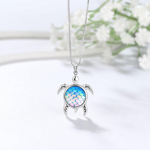 Turtle Pendant Charm Necklace Gradient Colorful Light Blue - Necklaces - Aurora Tears