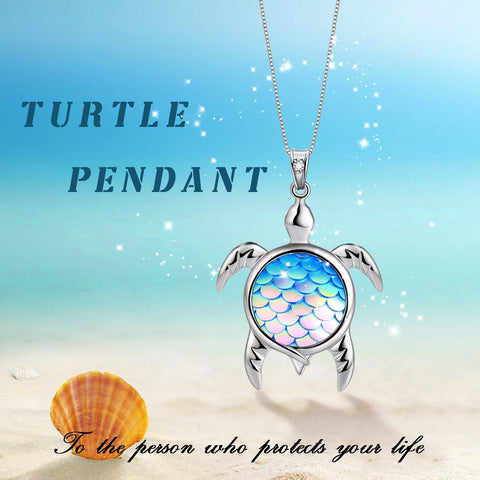 Turtle Pendant Charm Necklace Gradient Colorful Light Blue - Necklaces - Aurora Tears