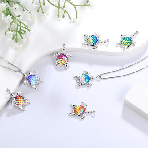 Turtle Pendant Charm Necklace Gradient Colorful Light Blue - Necklaces - Aurora Tears