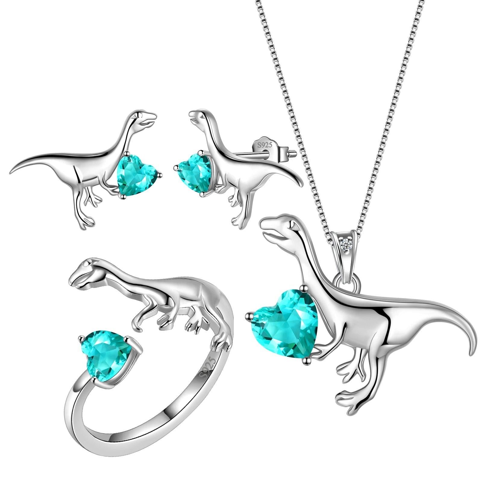 Velociraptor Dinosaur Charm Jewelry Set Earrings Necklace Ring - Jewelry Set - Aurora Tears