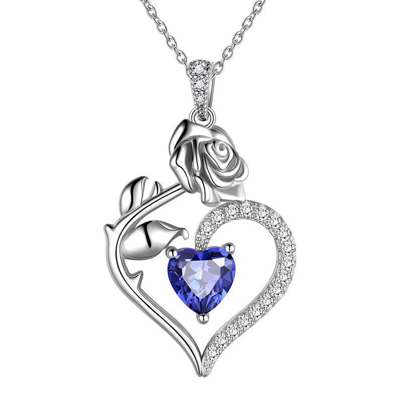 December Tanzanite Heart Birthstone 3D Flower Rose Necklace Pendant - Necklaces - Aurora Tears