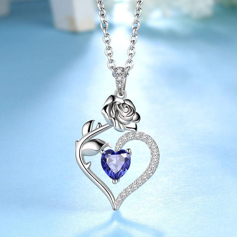 December Tanzanite Heart Birthstone 3D Flower Rose Necklace Pendant - Necklaces - Aurora Tears