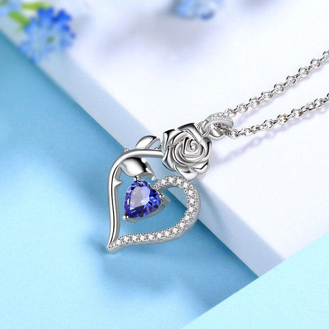 December Tanzanite Heart Birthstone 3D Flower Rose Necklace Pendant - Necklaces - Aurora Tears