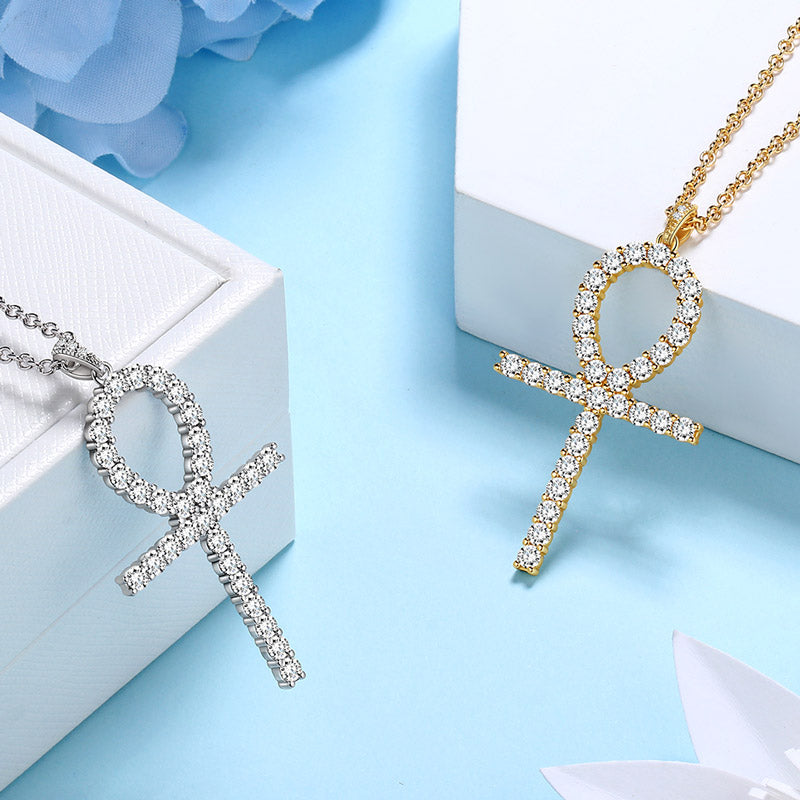 Egyptian Ankh Cross Necklace Pendant Women 925 Sterling Silver Cubic Zirconia - Necklaces - Aurora Tears