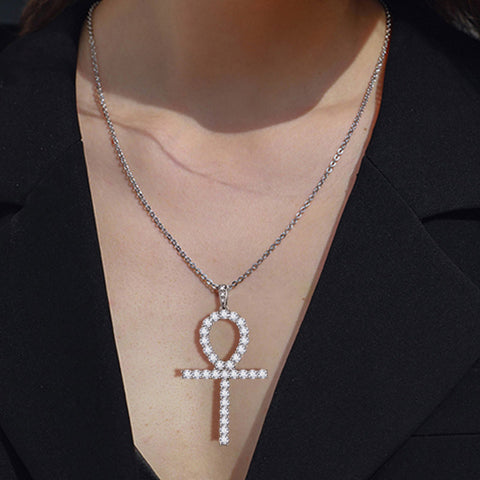 Egyptian Ankh Cross Necklace Pendant Women 925 Sterling Silver Cubic Zirconia - Necklaces - Aurora Tears