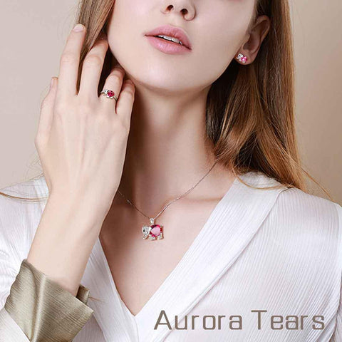 Elephant Birthstone July Ruby Jewelry Set 4PCS - Jewelry Set - Aurora Tears