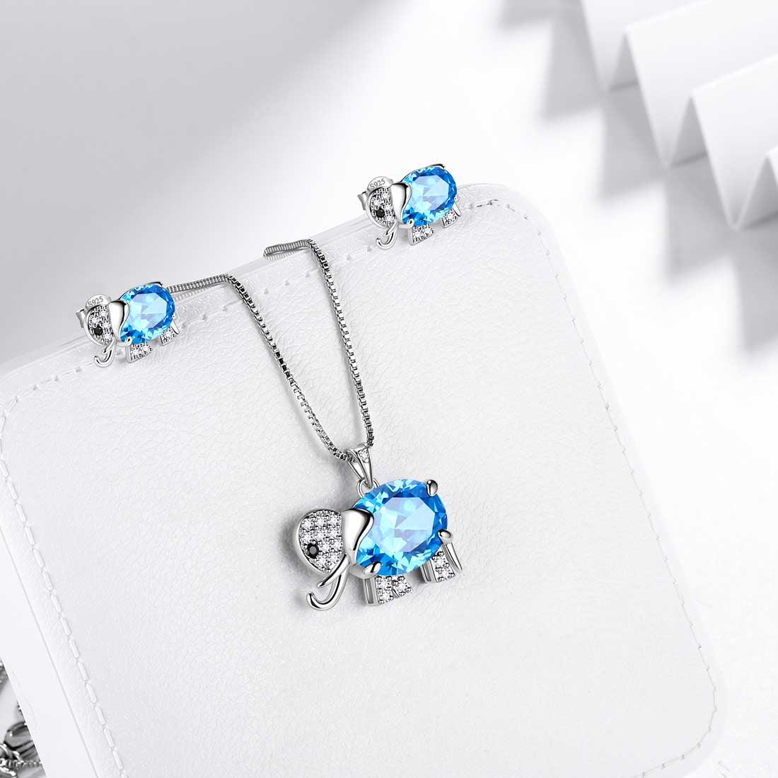 Elephant Birthstone March Aquamarine Jewelry Set 3PCS - Jewelry Set - Aurora Tears