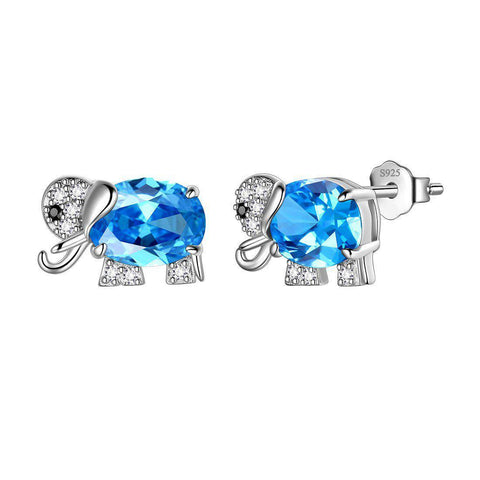 Elephant Birthstone Stud Earrings Sterling Silver-Blue-Aquamarine-Aurora Tears Jewelry