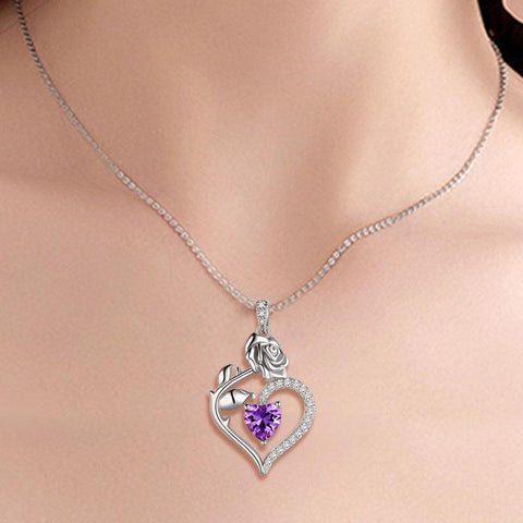February Amethyst Heart Birthstone 3D Flower Rose Necklace Pendant - Necklaces - Aurora Tears